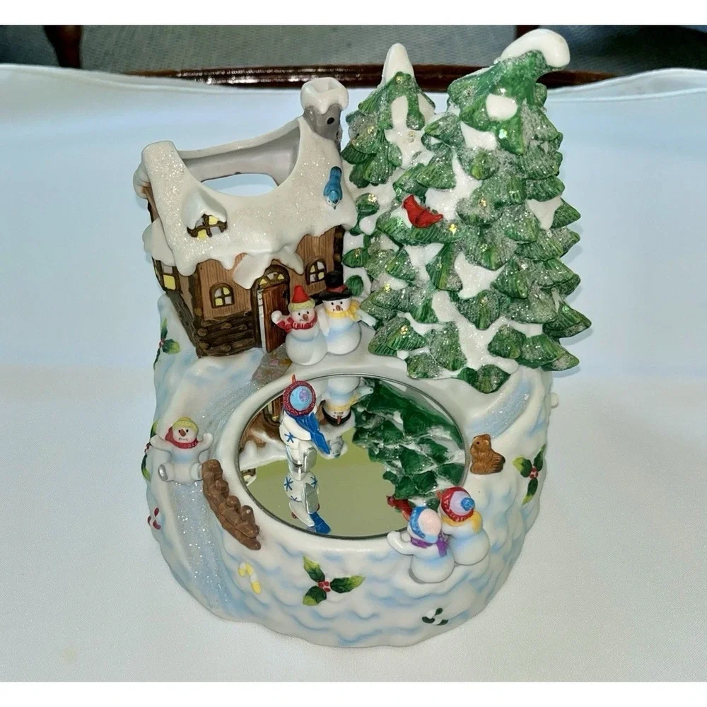 Home Interiors Musical Lighted Winter Scene Skating Snowman Figurine Works Great